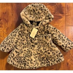 First Impressions Macy's Leopard Print Faux Fur Plush Jacket 6-9 Mo NWT Hood